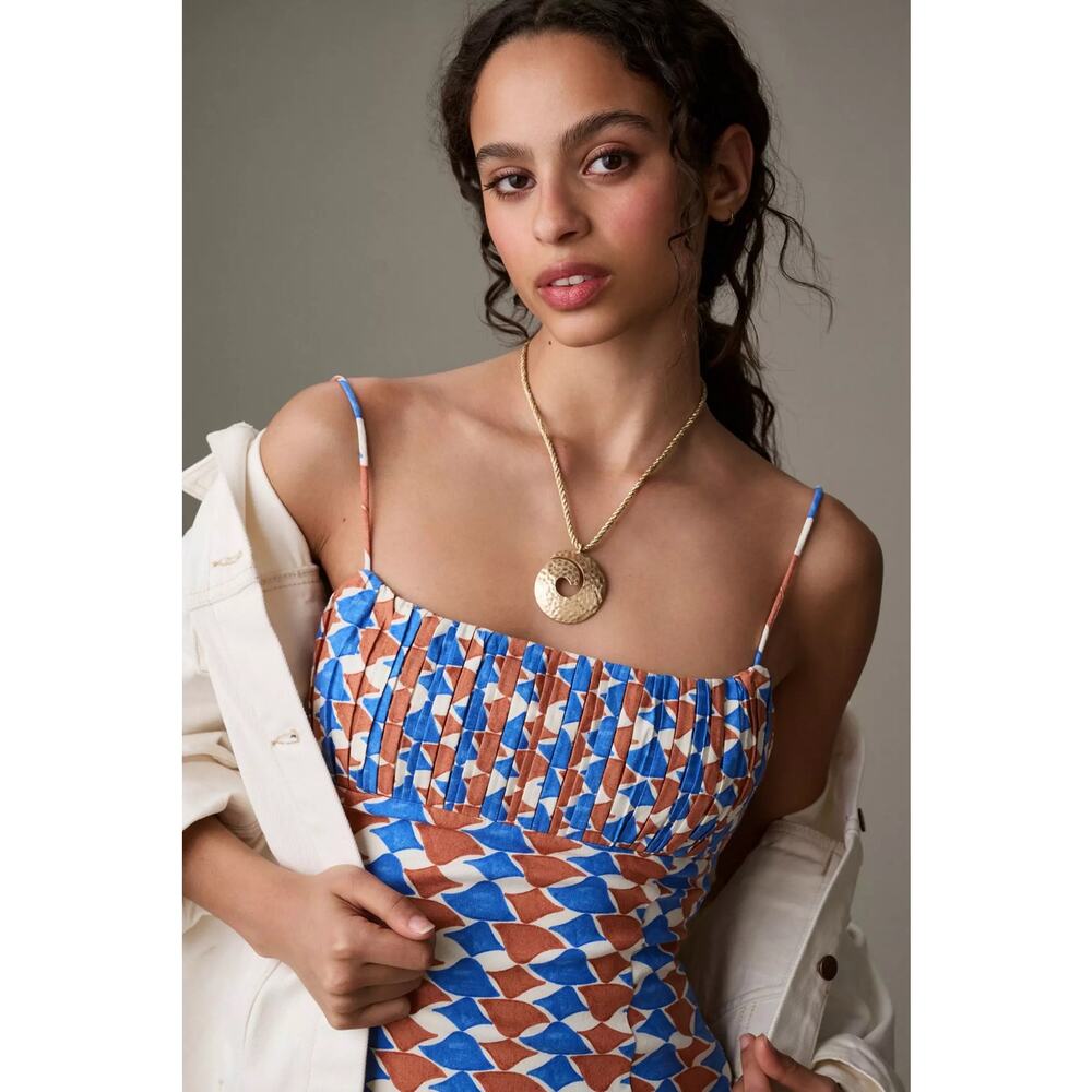 Maeve Anthropologie Ophelia Linen Blend Mini Dress 6 Blue Geometric Coastal - Picture 16 of 16